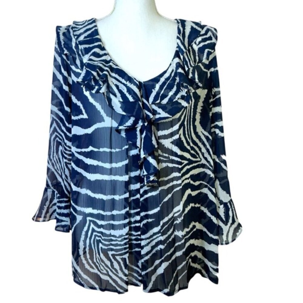 Jones New York Top Animal Print 3/4 Sleeve Semi Sheer Navy Blue White Medium